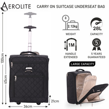 Aerolite Easyjet cabin suitcase with dimensions 45x36x20cm, 28L capacity, lightweight at 2.12kg, and 5-year warranty.